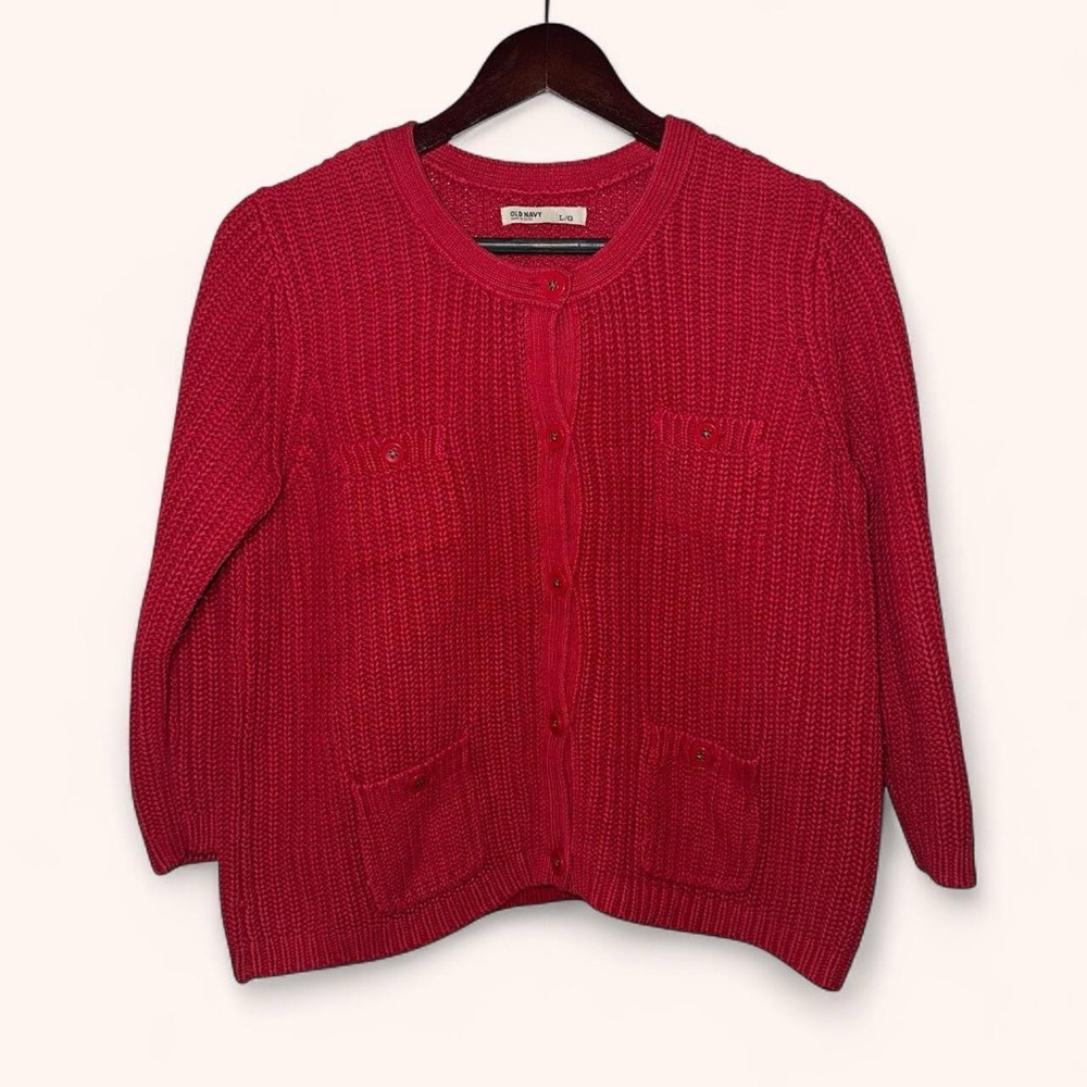 Old Navy Festive Red Knit Cardigan Red and Green Buttons 3/4 Sleeves Pockets